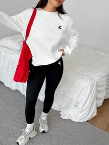 SHEIN EZwear 2件套休闲宽松圆领运动衫和紧身打底裤 - 彩色 - 查看 5