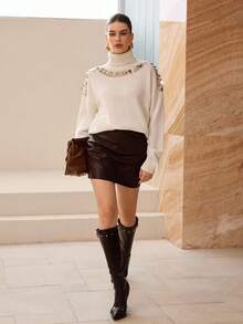 Modelyn Suéter de manga larga con cuello alto, hombros caídos y decoración de lentejuelas hecho a mano de moda para mujer