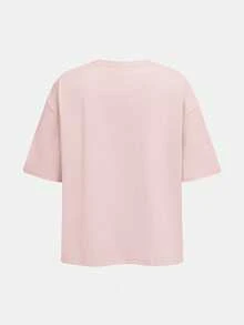 SHEIN Girlism 2 件套青少年女孩休闲宽松针织圆领超大牙签褶图案 T 恤和短裤套装，可爱的返校装，适合日常穿着、度假、家庭户外、春季野餐 - 粉色 - 查看 5