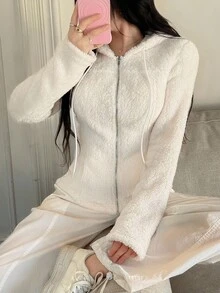 Modelyn Casual Hooded Zip-Up Long Sleeve Drawstring Double-Sided Fleece Cardigan Autumn Winter Clothes For Women - White - View 2