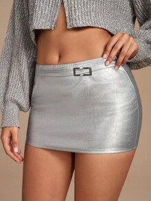 Glamine Minifalda minimalista de cintura baja con estampado de piel de cocodrilo de PU (con ropa interior) para mujer