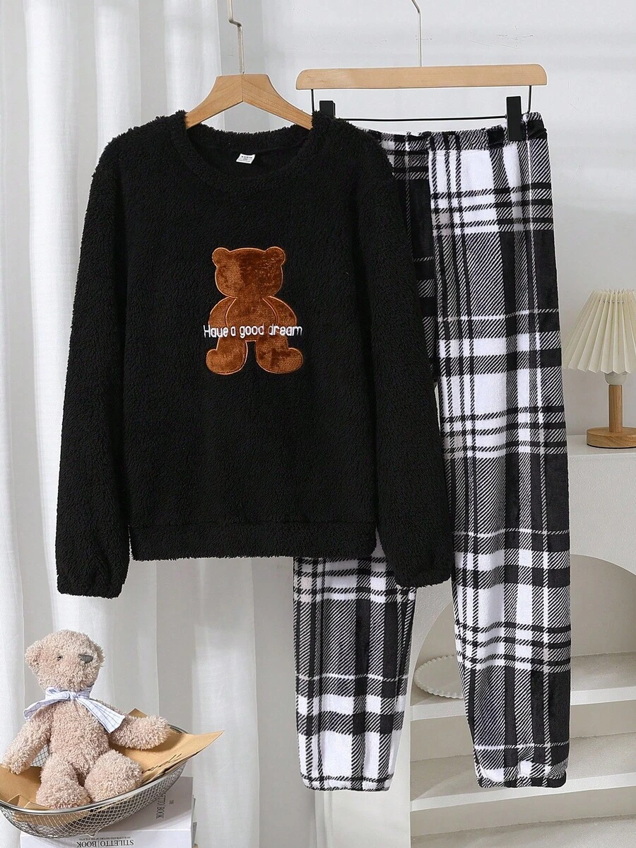 Teenage Boys' Black Plush 3D Bear Embroidered Long Sleeve Top And Classic Plaid Plush Pants Casual Pajama Set - Multicolor - View 1