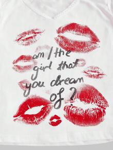 ROMWE Kawaii Lip & Slogan Graphic Tee - Beige - View 4