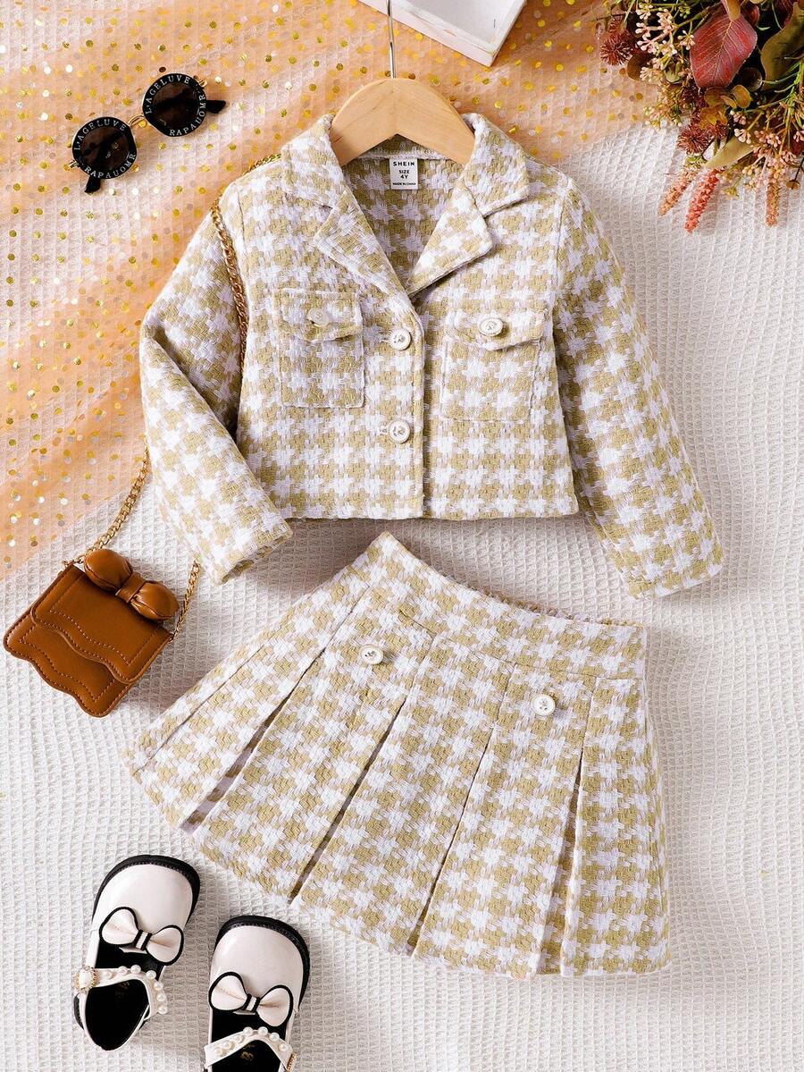 SHEIN Elladie kids 年轻女孩杏色格子时尚长袖夹克搭配舒适百褶裙，秋冬套装 - 杏色 - 查看 1