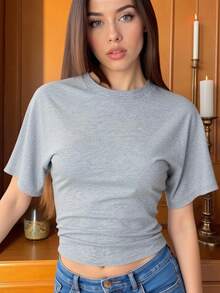 INAWLY Women's Solid Color Round Neck Batwing Short Sleeve Pleated Casual T-Shirt - Light Grey - View 3