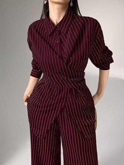 Heiryn 2pcs/Set Women's Cinched Waist Korean Retro Style Shirt And Pants, Versatile For Commute And Everyday Wear,Cozy Fall And Winter Clothes For Women