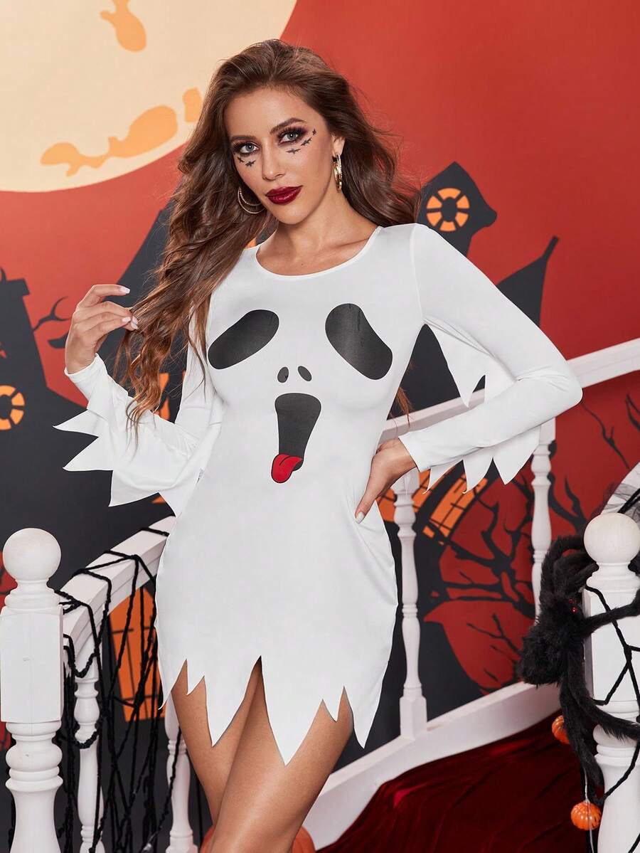 Women's Halloween Print Cosplay Sexy Costume Dress - White - View 1
