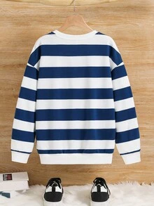 SHEIN Tween Boy Casual Loose Korean Style Round Neck Colorful Striped Embellished Pullover Sweatshirt, Suitable For Commuting, School, Daily Casual Wear, Sports, Autumn/Winter,Ensemble Hiver,Winter Clothing,Fall Outfits,Fall Clothing,All Clothes For Kids,Long Sleeve Shirts,Navy Blue Tops ,White Tops - Blue - View 2