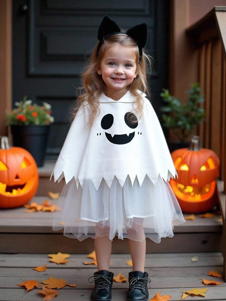 Baby Girl Halloween Cute Expression Print Mesh Patchwork Hooded Dress - White - View 1