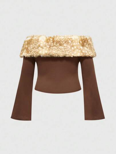 J-Fashion Blusa con mangas acampanadas, cuello de piel sintética de leopardo y parches, estilo vintage Y2K para mujeres de talla grande