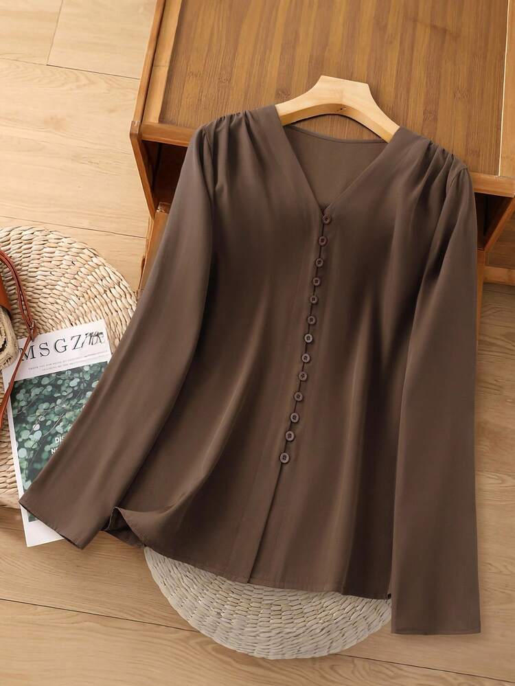 Women's Solid Color V-Neck Long Sleeve Button Design Casual Loose Shirt Brown Top Brown Thanksgiving For Women