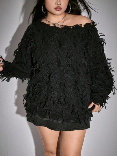 Grunge Punk Suéter de punto casual con hombros oblicuos de talla grande