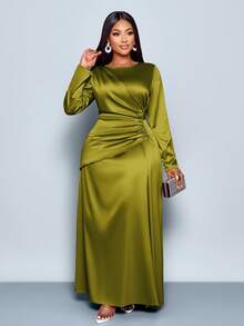 SOLERSUN Vestido de satén ajustado con drapeado lateral de unicolor elegante para mujer, adecuado para citas, fiestas y atuendos de mujer maxi - Verde Oliva - Ver 1