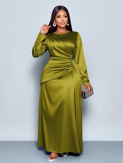 SOLERSUN Women's Elegant Solid Color Ruched Side Satin Bodycon Dress,Suitable For Dating Party Maxi Women Outfit