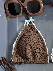 Swim Mod 2pcs Women's Swimsuit Set, Mesh & Lace Patchwork Halter Bikini Top And Triangle Bottoms