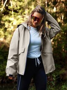 SHEIN Unity 女式轻便纯色连帽可拆卸长袖夹克，常规款春秋季户外外套 - 卡其色 - 查看 4