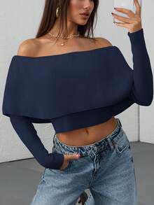 EURMUSE Casual Off Shoulder Bardot Ruffle Neckline Long Sleeve Sweater - Navy Blue - View 9