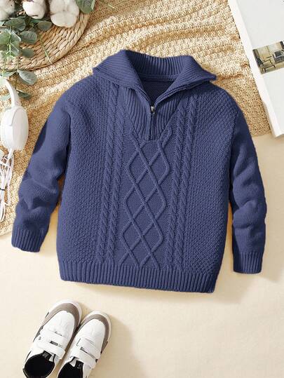 Tween Boys' Casual Turndown Collar Half-Zip Up Long Sleeve Knitted Sweater,Winter Set,Winter Clothing,Fall Outfits,Fall Clothing,All Clothes For Kids,Navy Blue Tops,Navy Blue Sweaters,Fall Tops,
