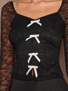 Enchnt Fall/Winter Romantic Women's Elegant Black Lace Mesh Patchwork Heart Neck Bow Decor Elegant Long Sleeve Blouse,Sweet&Elegant&Fashionable For Date&Holiday&Birthday&Party&Wedding Guest&Office&Going Out&Afternoon Tea,Fall Blouse For Women,Autumn Clothes