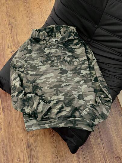 SWAVVY Men's Standard Size Hooded Sweatshirt, Camouflage Color Digital Print Applique Embroidery, Spring/Autumn, For Fall Winter
