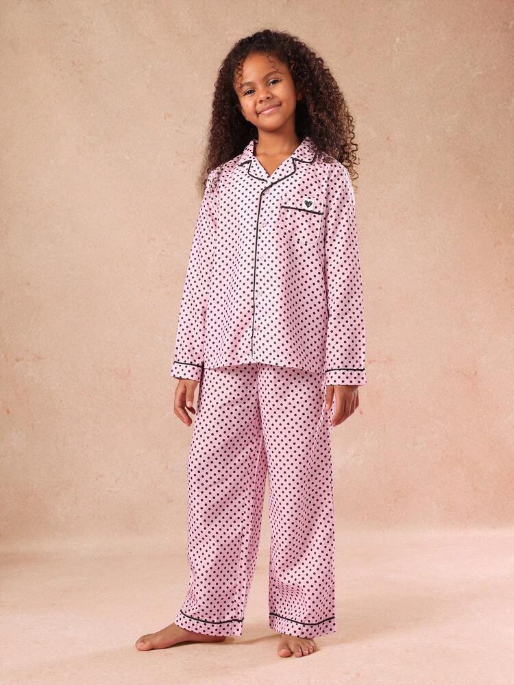Polka Dot Button Down Pajama Set With Wide Leg Pants