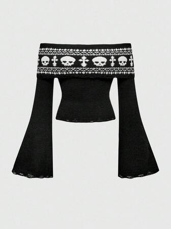 Goth Gothic Retro Collar Off-Shoulder Skull & Bat Jacquard Flare Sleeve Women Sweater
