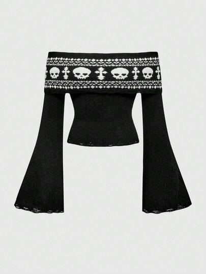 Goth Gothic Retro Collar Off-Shoulder Skull & Bat Jacquard Flare Sleeve Women Sweater