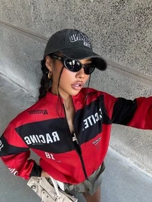 SHEIN 少女落肩撞色字母印花飞行员夹克，秋冬街头休闲风 - 紅色 - 查看 8