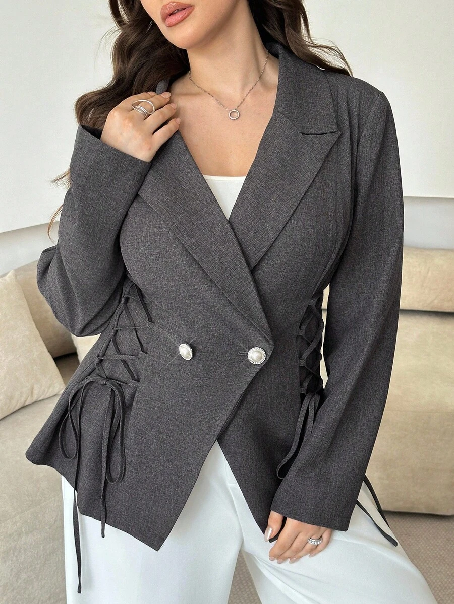 Modelyn 大码女式优雅长袖系腰休闲西装外套 - 灰色 - 查看 1