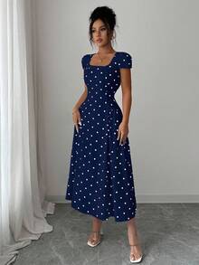 Elenzga Women's Elegant Polka Dot Print Ruched Waist Square Neck Short Sleeve Maxi Dress - Navy Blue - View 6