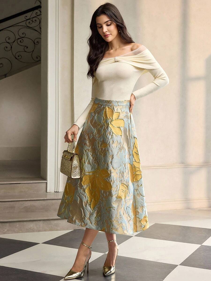 ZEYLAH 女士优雅通勤提花半身裙 - 金色 - 查看 1