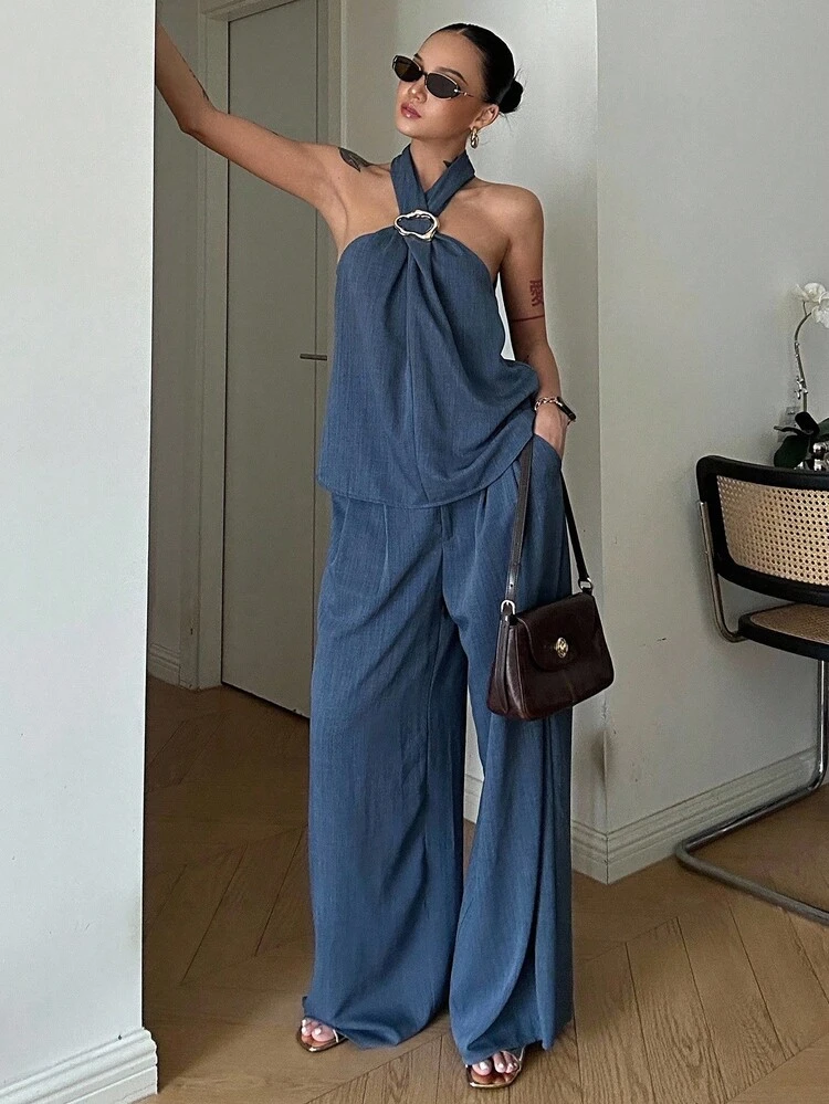 Tall Women's Halter Neck Sleeveless Top And Long Pants 2 Pieces Vacation Set Spring Summer