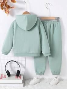 SHEIN 2 st/set för unga pojkar, casual, bekväm, snygg, praktisk, mångsidig, bokstäver, grafisk termofodrad, huvtröja och byxor, lämplig för första skoldagen, skolkläder, vardagskläder, utomhus, sport, höst/vinter - Mint Grön - Visa 2