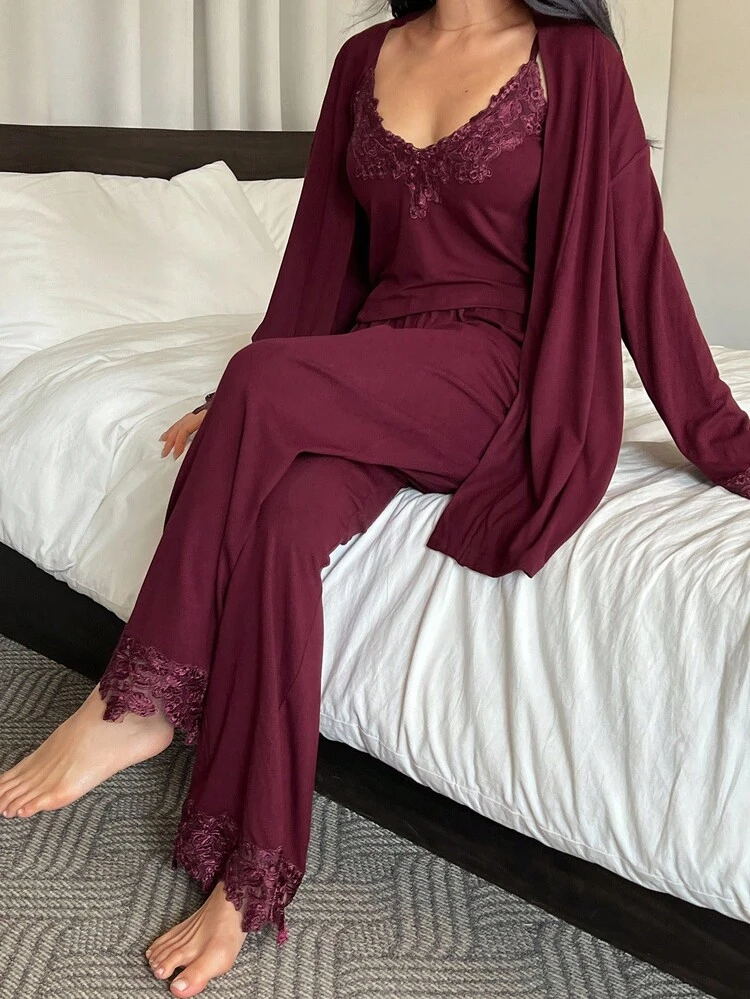 3pcs Lace Patchwork Robe, Camisole Top And Pants Women Sleepwear Pajama Set, Fall Winter Clothes