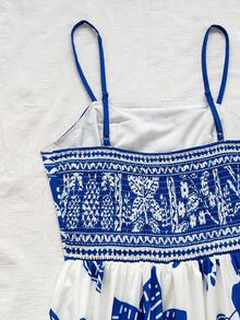 Soleia Plus Size Women Tropical Bird, Palm Tree & Floral Print Waist Cinched A-Line Midi Dress, Vacation Style