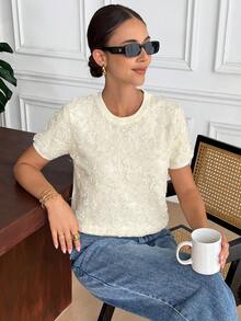 Serisse Women's Floral 3D Embellished Round Neck Short Sleeve Knit Top, Fashionable For Autumn,Mesh Floral Three-Dimensional Embroidery Spliced Sweater Top,Mesh Floral Three-Dimensional Embroidery Spliced Sweater Top,Lace Embroidered Patchwork Sweater Top,Sequin Floral Embroidered Short-Sleeve Sweater,Shiny Short-Sleeve Sweater Top,Cream Yellow Sweater Top, Chic Top,Autumn Clothes For Women,Women's Winter Sweater Vest,Warm Sweater Vest,French Style Clothes, Christmas Sweater Vest,New Year Outfit,Casual Outfit For Women,Vintage, Minimalist, Commuter, Office, Perfect For Everyday Wear Summer