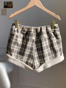 Comfortcana 女式格纹口袋休闲宽松短裤，秋冬 - 黑與白 - 查看 2