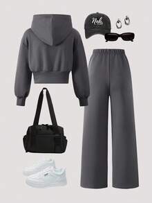 SHEIN Sparklyn 女孩休闲针织纯色正面图案字母印花落肩长袖抽绳腰部连帽衫上衣和裤子两件套