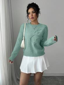 Elenzga Women's Crew Neck Floral Pattern Solid Color Pullover Sweater - Mint Green - View 6