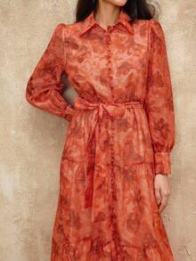SHEIN Privé VITNOS New Elegant High-End Fashion Floral See-Through Burnt Orange Collar Pleated Ruffle Dress With Front Gold Button Closure, Waist Tie Belt, Suitable For Party And Events, Long Sleeve Maxi Dress For Women - Burnt Orange - View 6