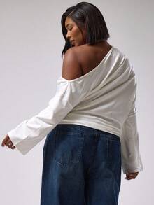 MUSERA Plus Asymmetric Shoulder Long Sleeve Top Cute Holiday Elegant Vacation Romantic Curve Week , Holidays, Party, Festive Spring - White - View 4