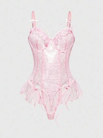 Body sexy à volants avec laçage devant et armatures pour femmes, style Kawaii