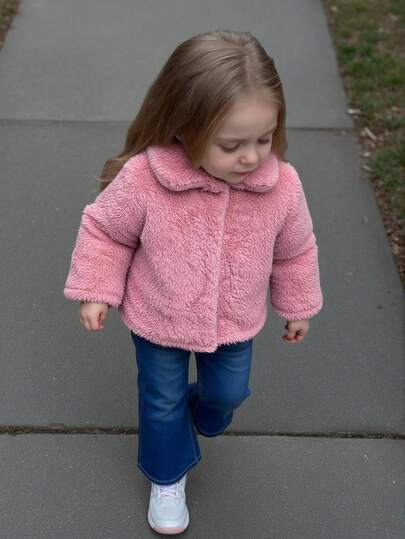 SHEIN Babygirl Cute Fluffy Pink Long Sleeve Jacket Coat, Autumn/Winter Fall