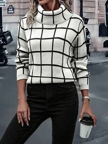 EMERY ROSE Damen Mode Lässig Karomuster Rollkragen Langarm Pullover