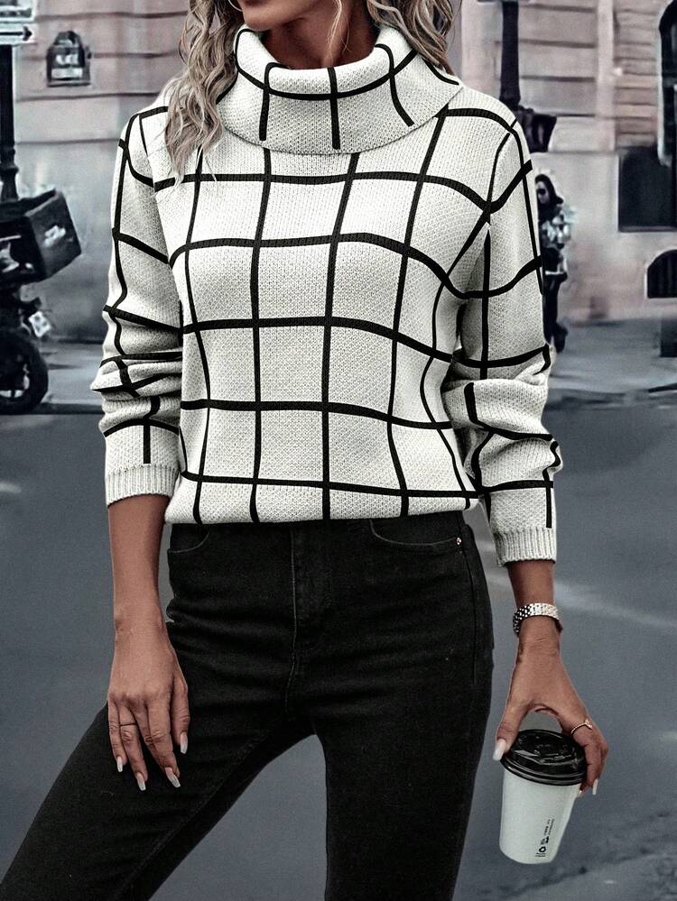 EMERY ROSE Women's Fashion Casual Plaid Print Turtleneck Long Sleeve Sweater, Christmas - White - View 6