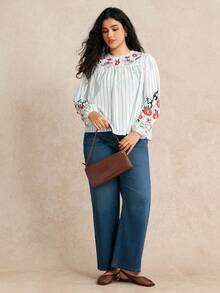 EMERY ROSE Plus Size Women Floral Patchwork Round Neck Striped Print Decor Casual Loose Long Sleeve Shirt, Autumn - Blue and White - View 5