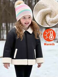 SHEIN Young Girl Woven PU Leather Long Sleeve Zip-Up Casual Jacket, Colorblock Thermal Lined Long Sleeve Jacket, Versatile For Autumn/Winter, Warm Winter Outerwear For Outdoor, Party, Snow Play,Suitable For Commuting And Outdoor Wear,Class Black & White.Mommy & Me. Fall - Black - View 10