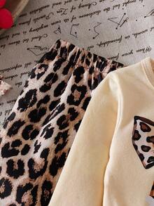 SHEIN Baby Girl Leopard Print Bow Decor Round Neck Long Sleeve T-Shirt And Leopard Print Pants Casual Outfit Fall Winter