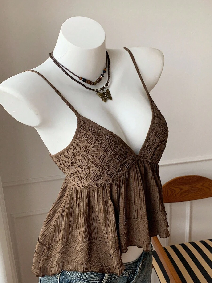 Comfortcana 女式休闲纯色荷叶边下摆无袖上衣，夏季 - 棕色 - 查看 1