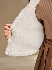 SHEIN 少女清新長袖毛絨圓領夾克 - 白色 - 查看 6